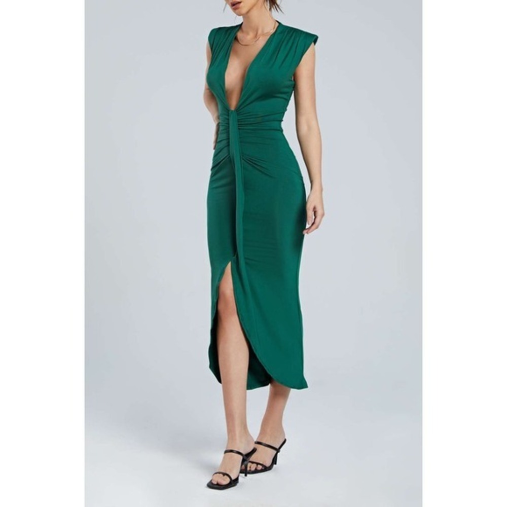 Micas Green Midi Dress Plunge Sleeveless Ruched Bodycon Party Cocktail Dress Xl - Picture 3 of 12